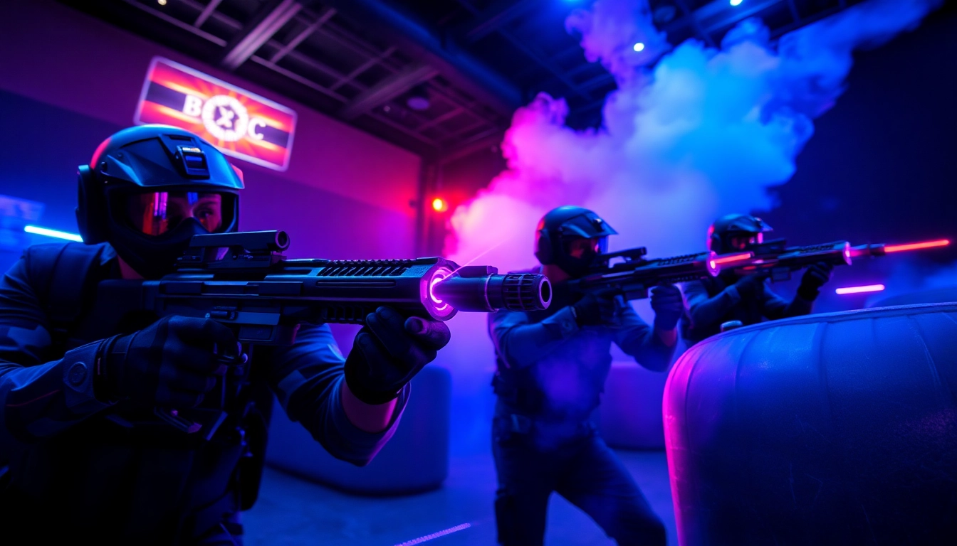Engaged players in a vibrant laser tag arena showcasing tactical gear and neon lights.