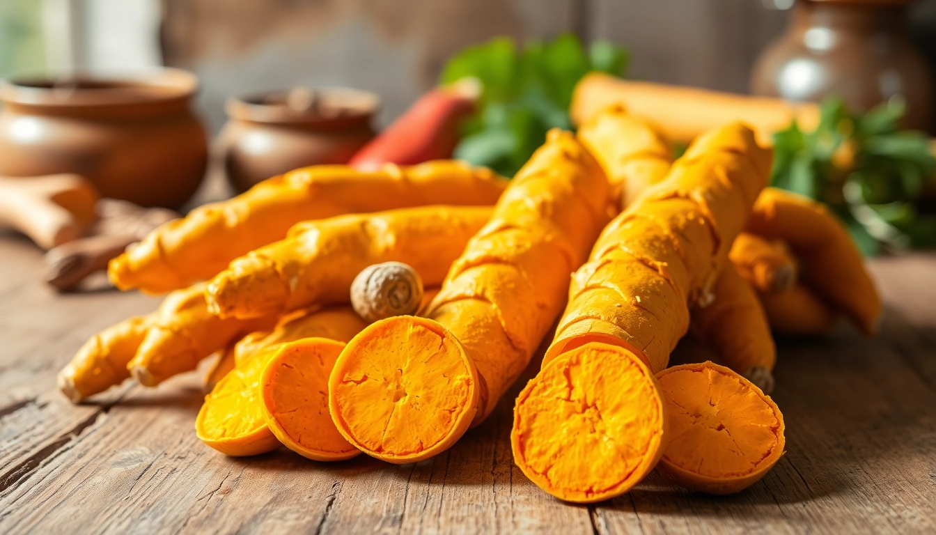 Turmeric Root displayed artistically with a rustic touch, highlighting its vibrant colors and textures.