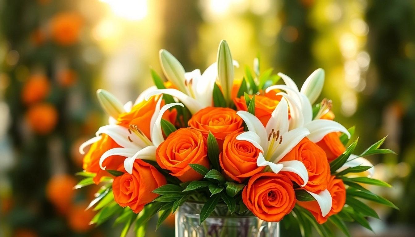 Arrange stunning Orange County event flowers with vibrant orange roses and white lilies in a sunlit garden.