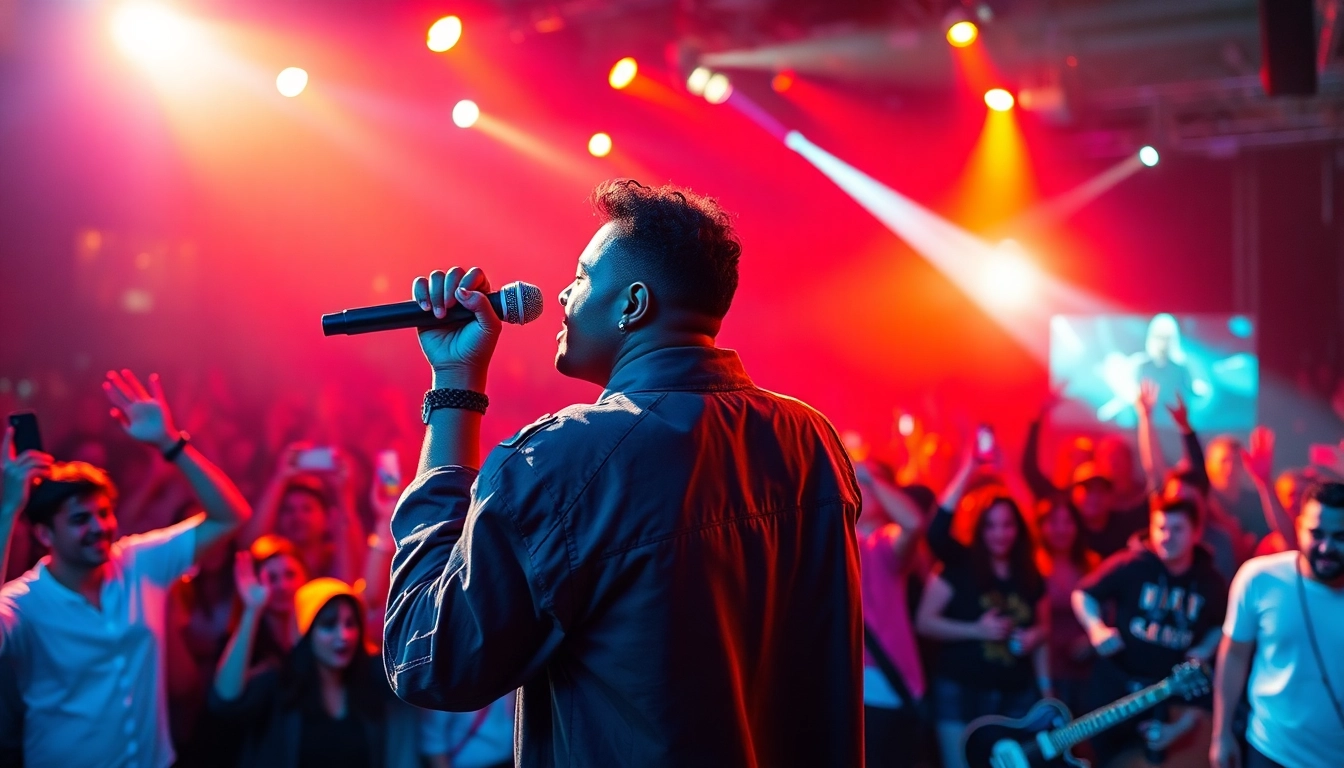 Independent Artist performing energetically on stage with a lively audience.