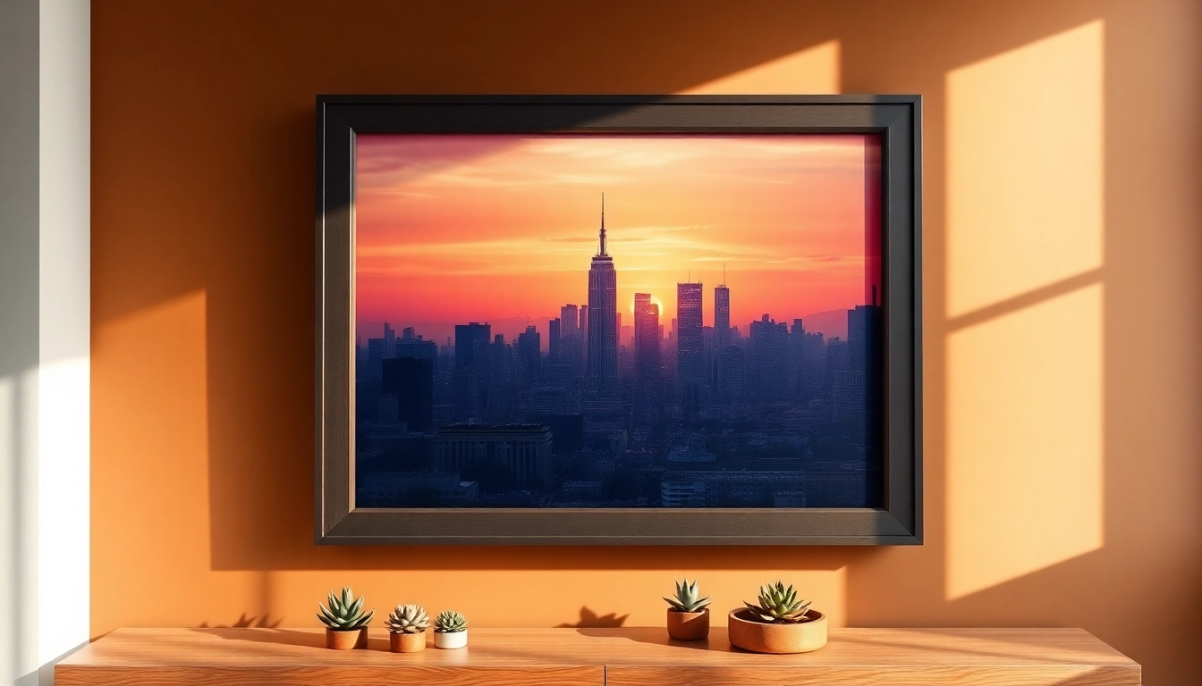 Showcase a 36x48 frame elegantly highlighting a stunning city sunset in a modern setting.