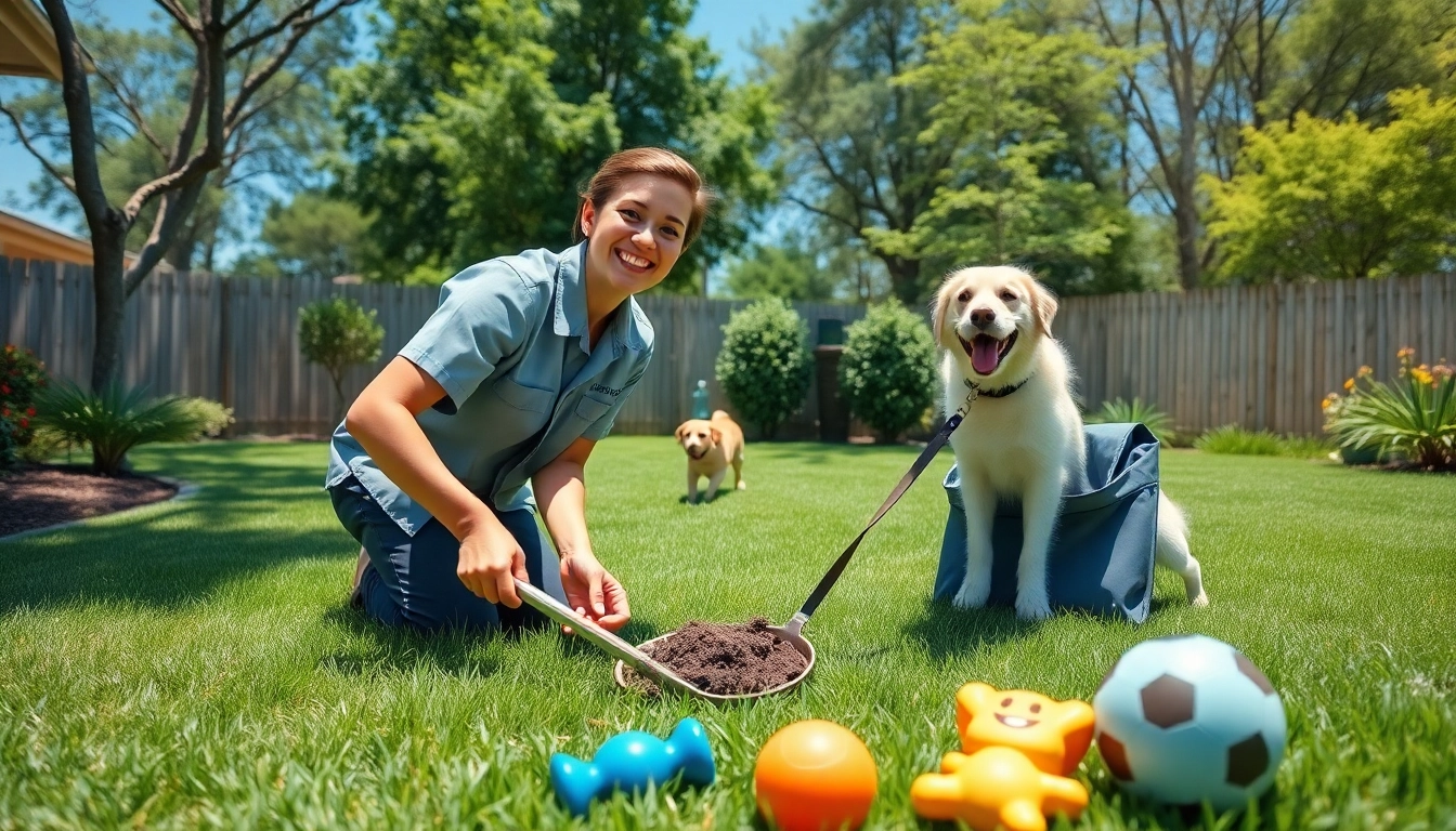 Dog clean up service worker scooping waste in a sunny backyard.