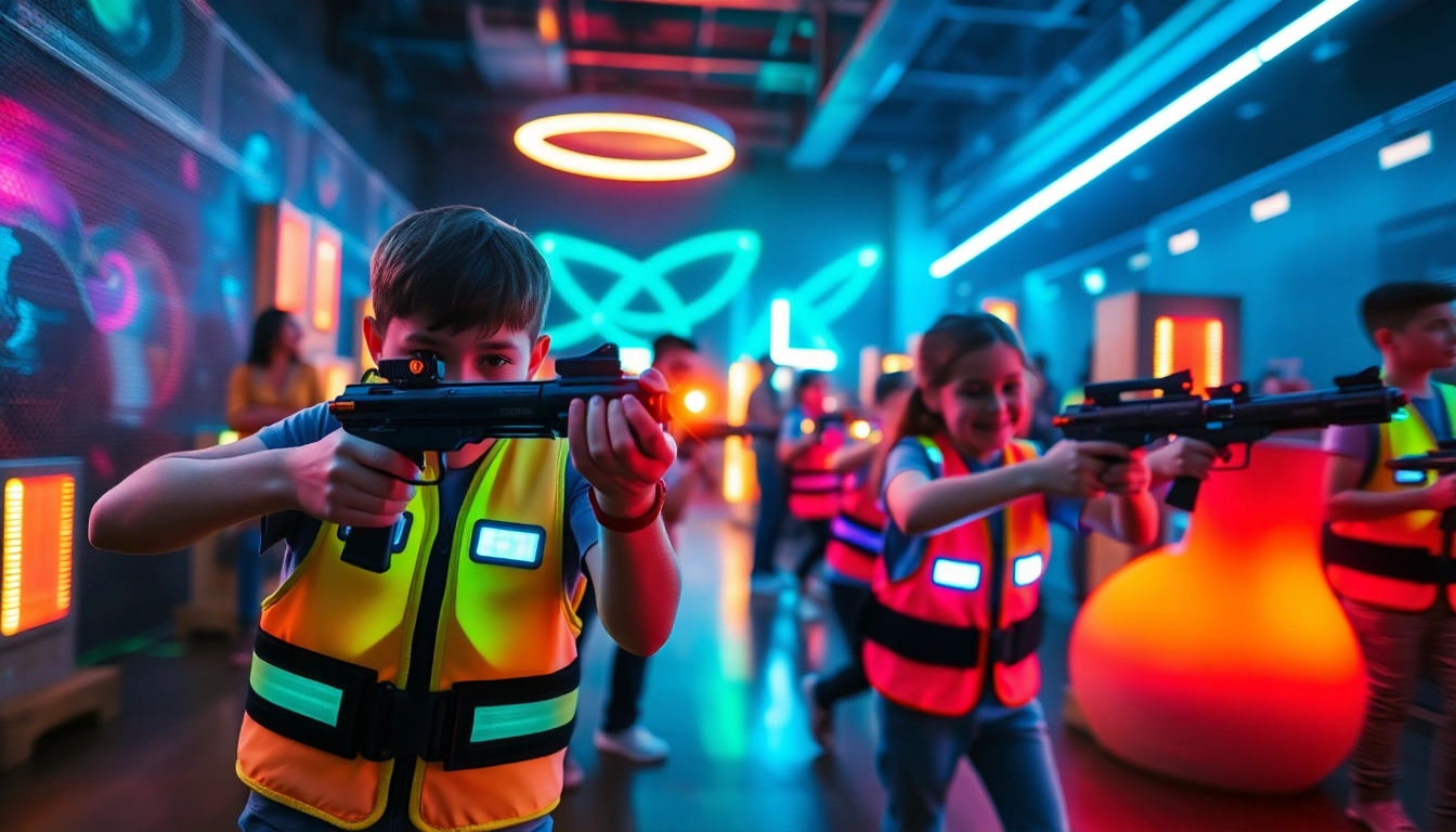 Players engaging in an action-packed laser tag game in a colorful, immersive arena.