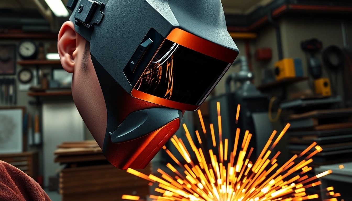 Welder focused on a project wearing a protective welding mask with auto-darkening features.