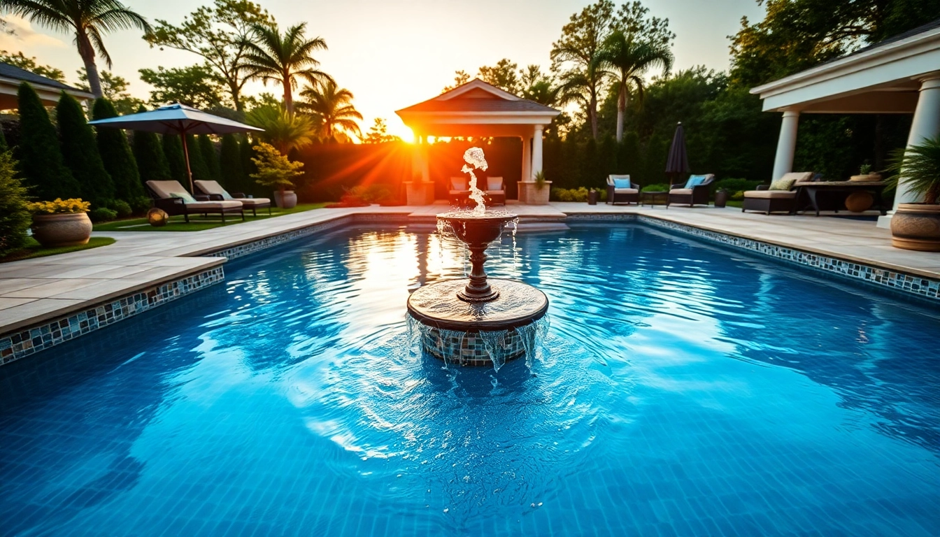 Relaxing backyard scene from a swimming pool builder featuring a custom pool design and lush landscaping.