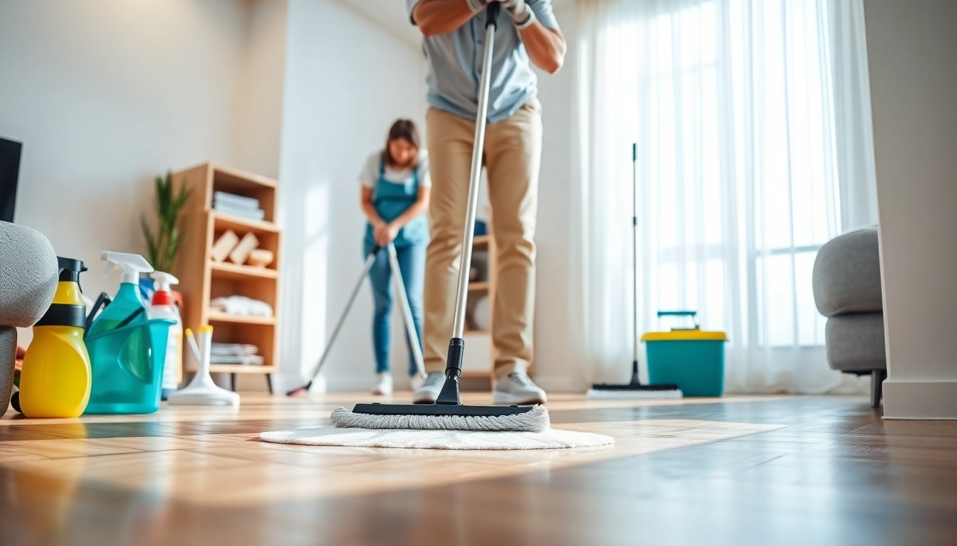 Expert bond cleaning Logan team diligently revitalizing an apartment with professional cleaning supplies.