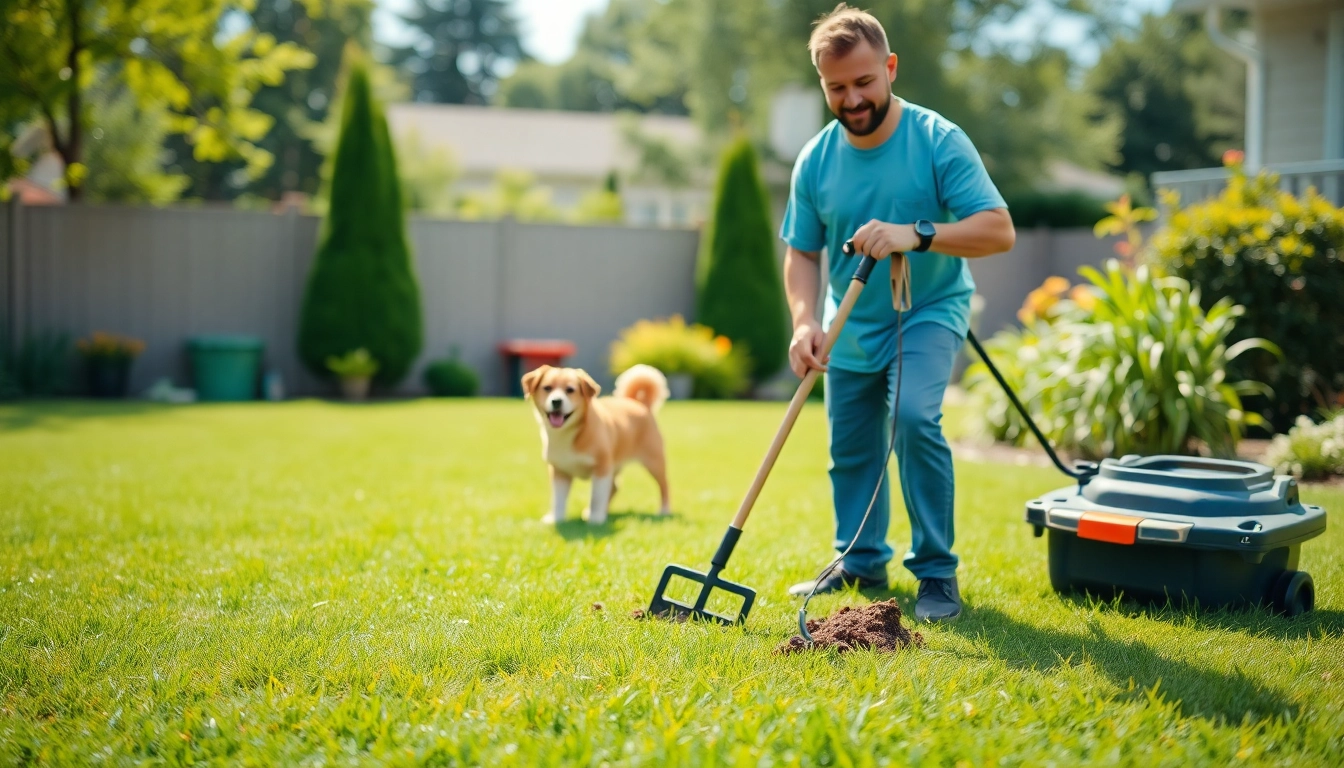 Efficient dog poop cleanup service in a clean backyard setting with a focused technician removing waste.