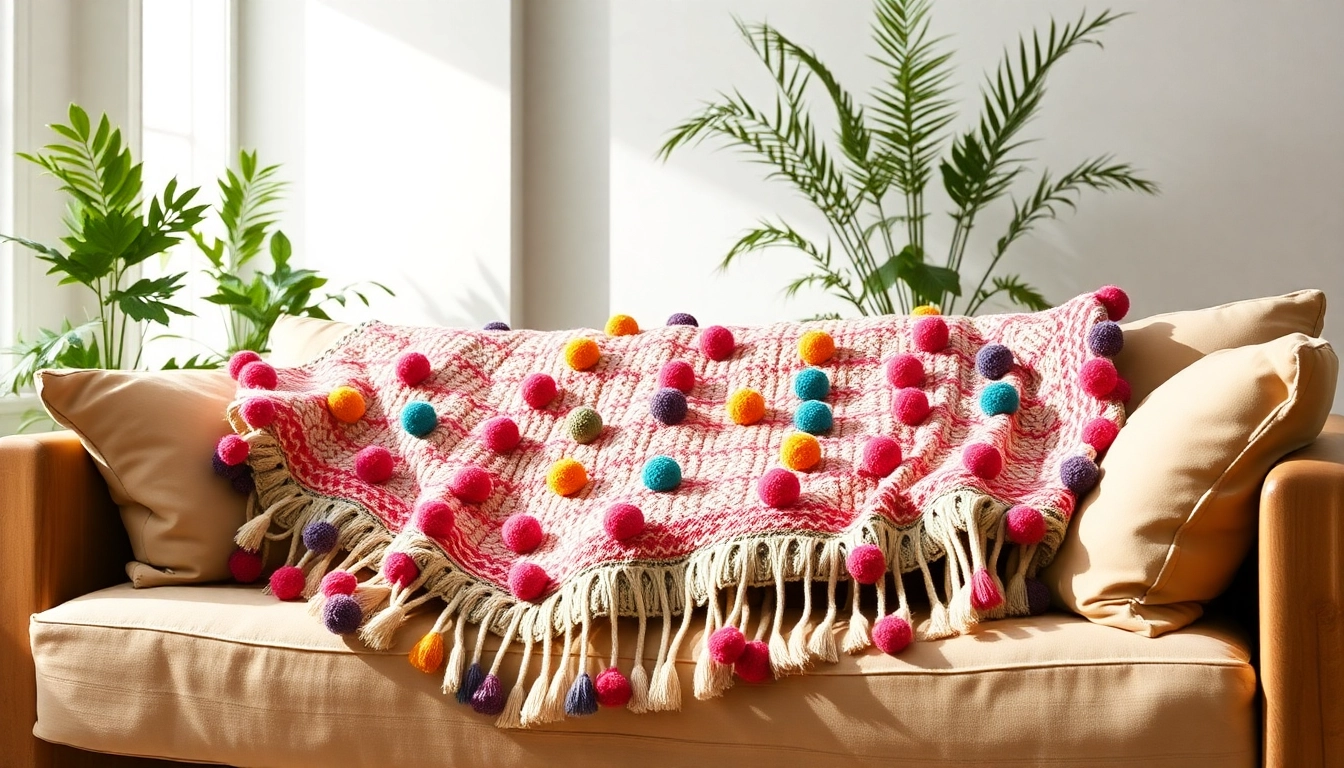 Transform your living space with Moroccan Cotton Pompom Blankets, featuring colorful pompom designs.