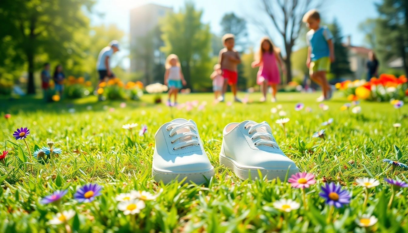 Entdecken Sie attraktive minimalistische Kinderschuhe, die im Freien auf grünem Gras präsentiert werden.