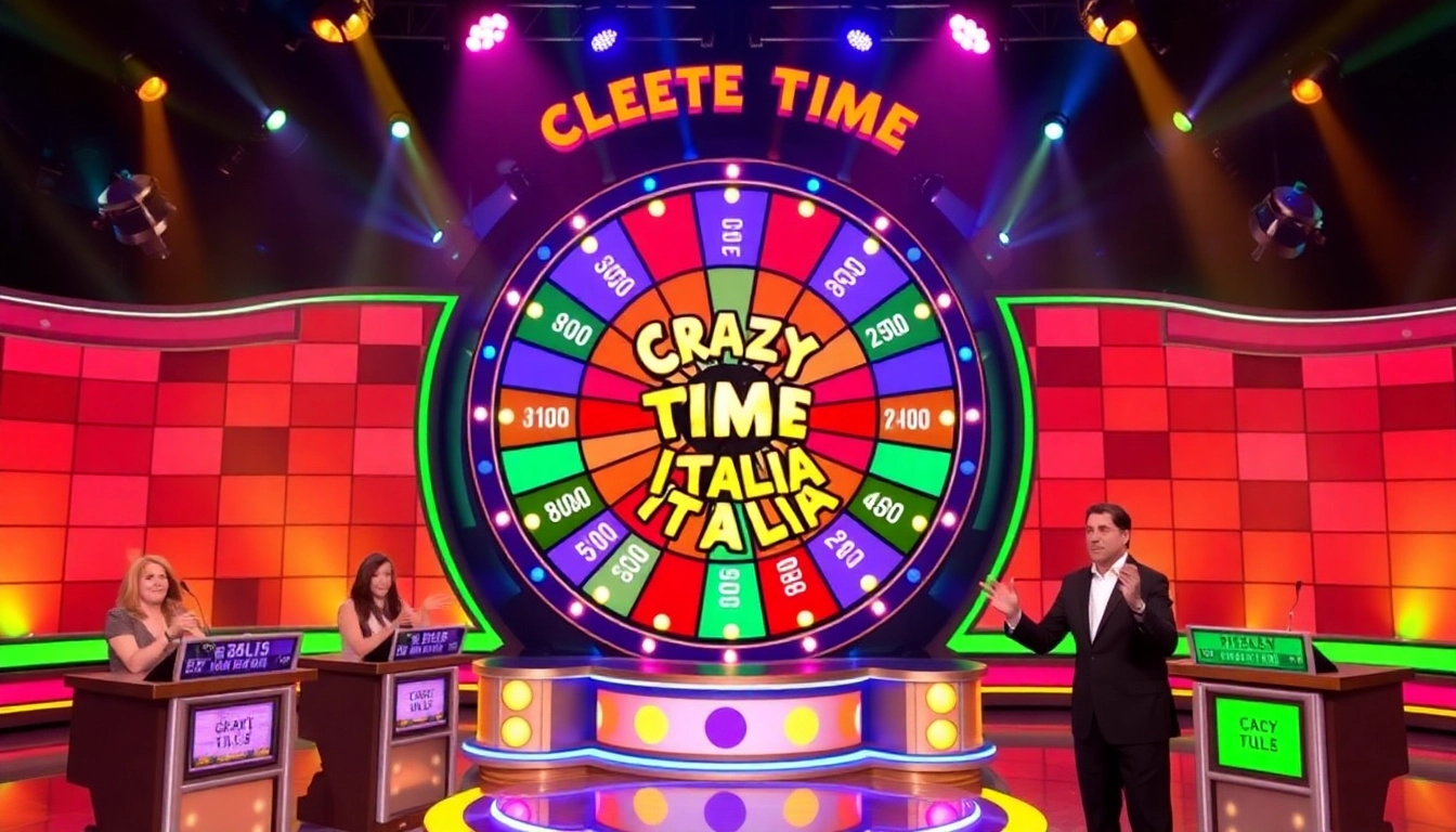 Crazy Time Italia live action with vibrant lights and an engaging host spinning the colorful game wheel.