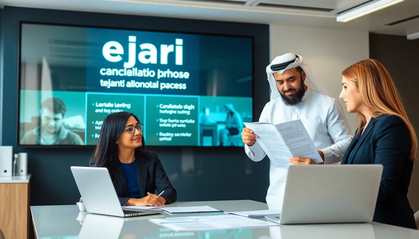 Visually engaging ejari cancellation process in Dubai with a tenant and advisor.