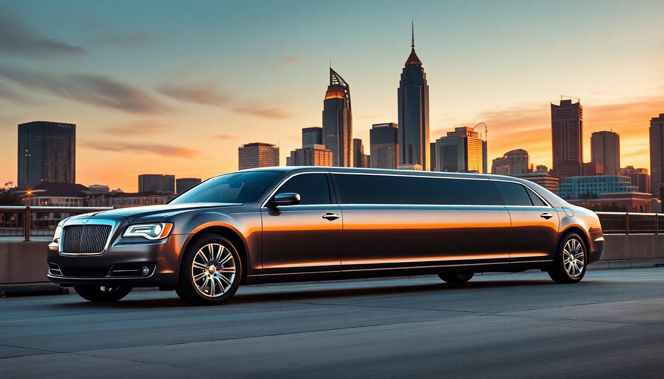 Car service Atlanta features a luxury limousine amidst a stunning skyline for an elegant ride.