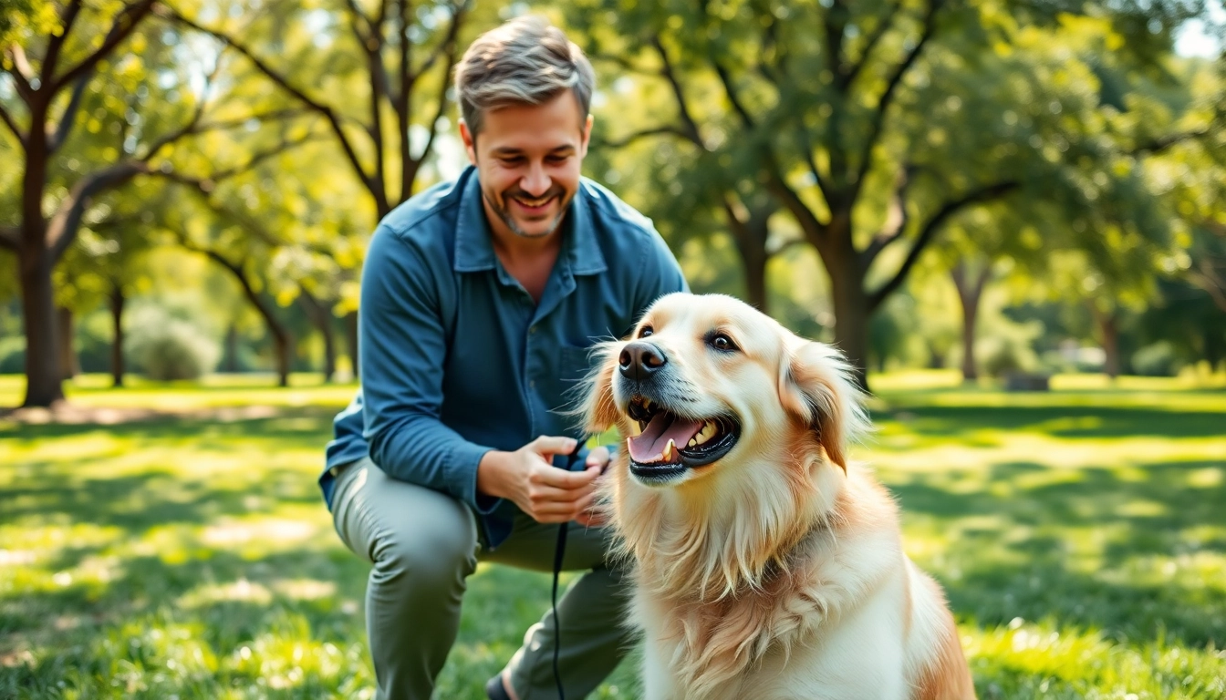 Engaging Dog Training Irvine session with a joyful retriever and professional trainer outdoors.