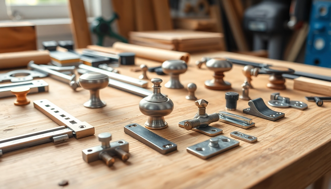 Showcase of furniture hardware suppliers' products, including knobs, slides, and hinges, arranged in a workshop setting.