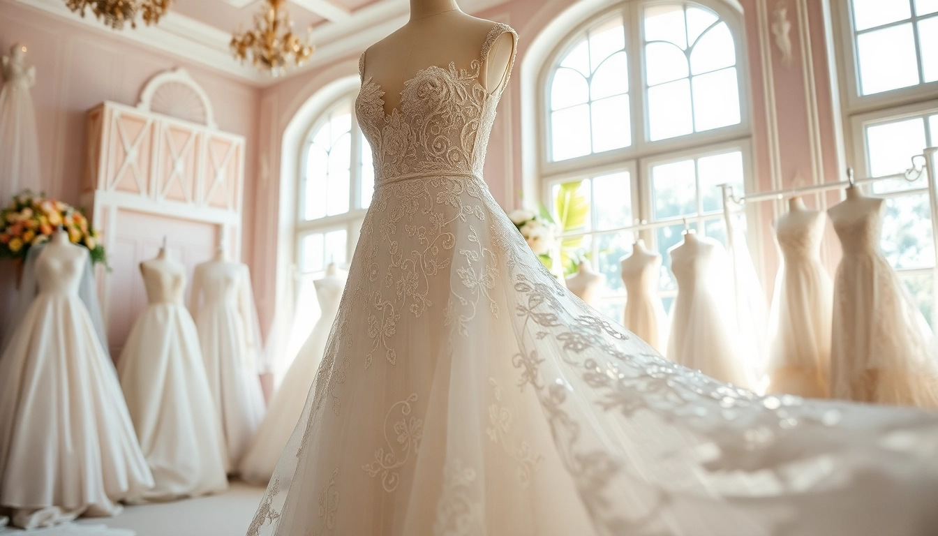 Admire the intricate lace wedding dresses in this beautiful bridal shop.