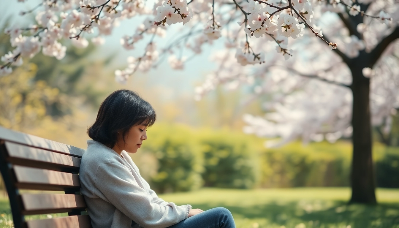 Individual confronting emotions while dealing with grief in a peaceful park setting.