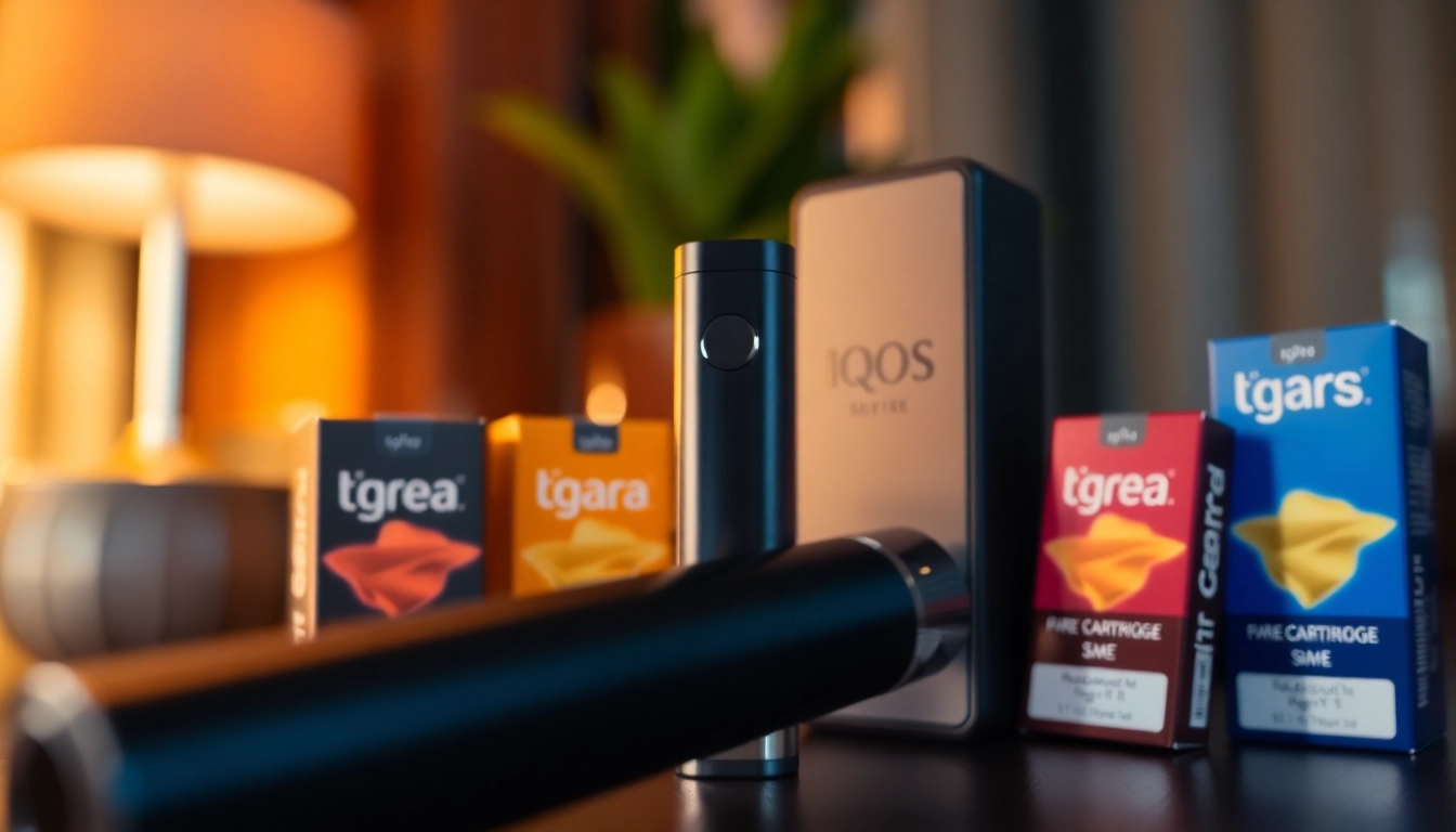 Terea sigara cartridges displayed elegantly with an IQOS device, showcasing product variety.