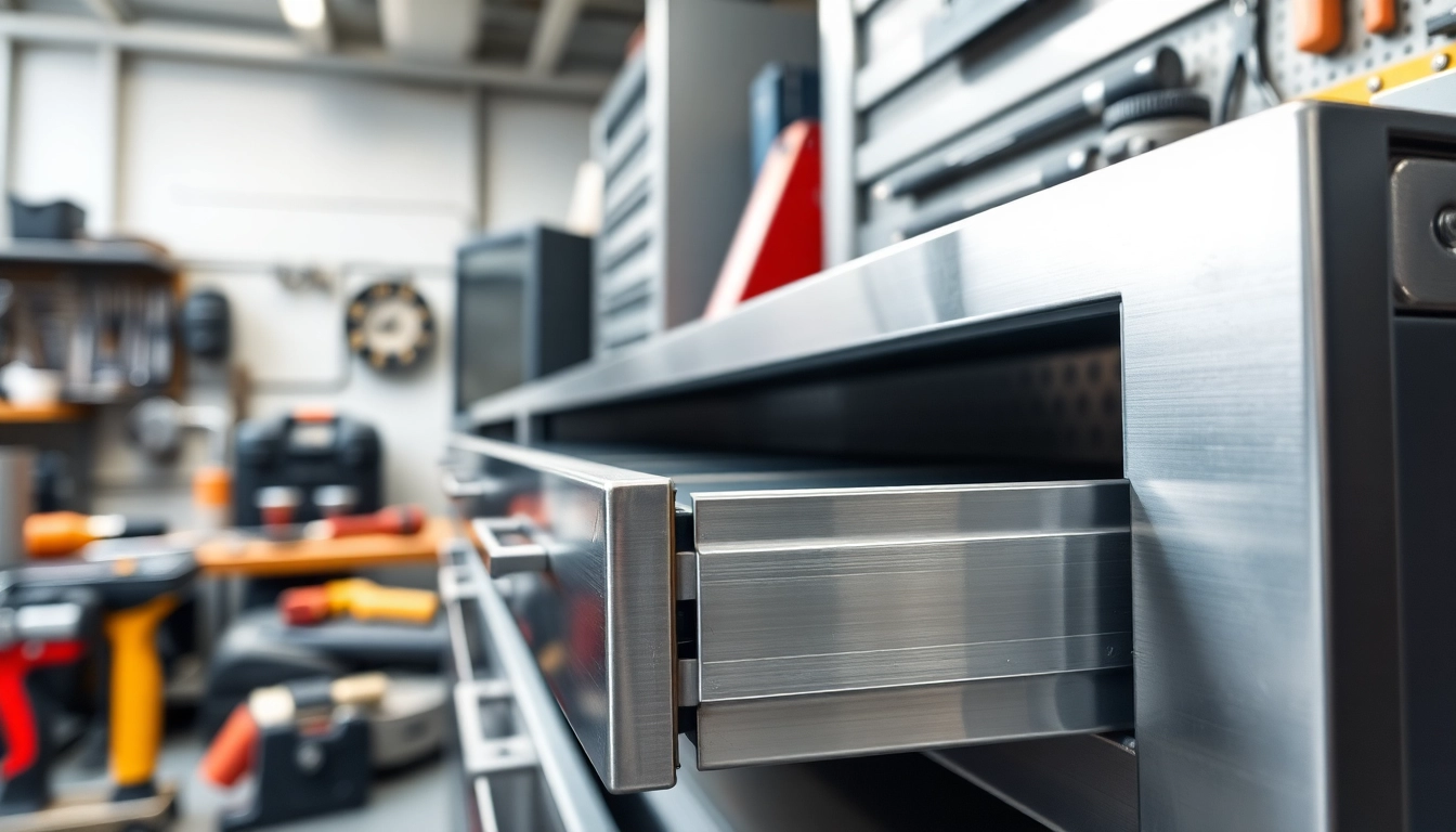 Showcase of a Metal Drawer System in a modern workshop with tools and a sleek design.