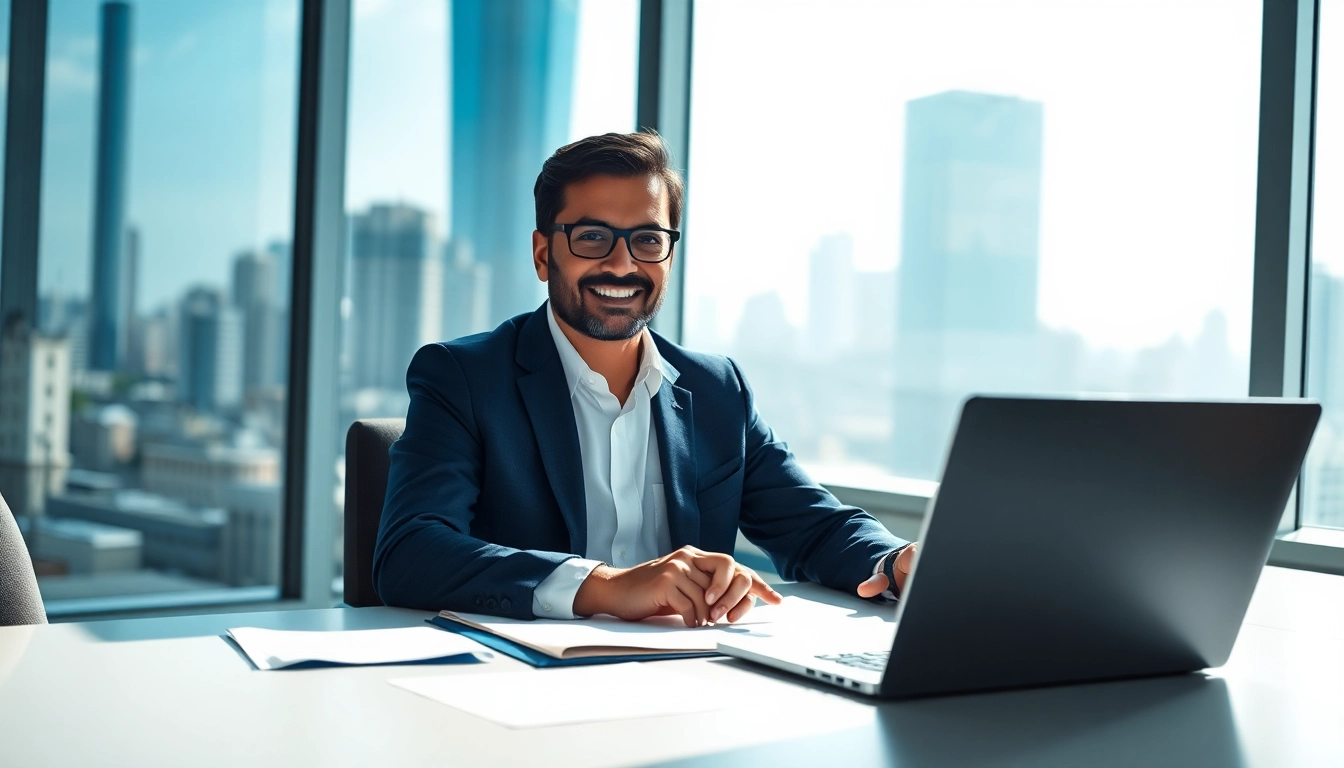 Consultant assisting clients with trademark registration in India and US from a modern office setting.