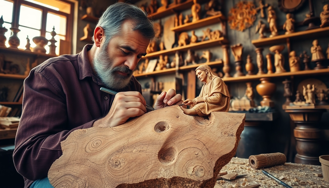Artisan carving intricate olive wood carvings in a warm workshop atmosphere.