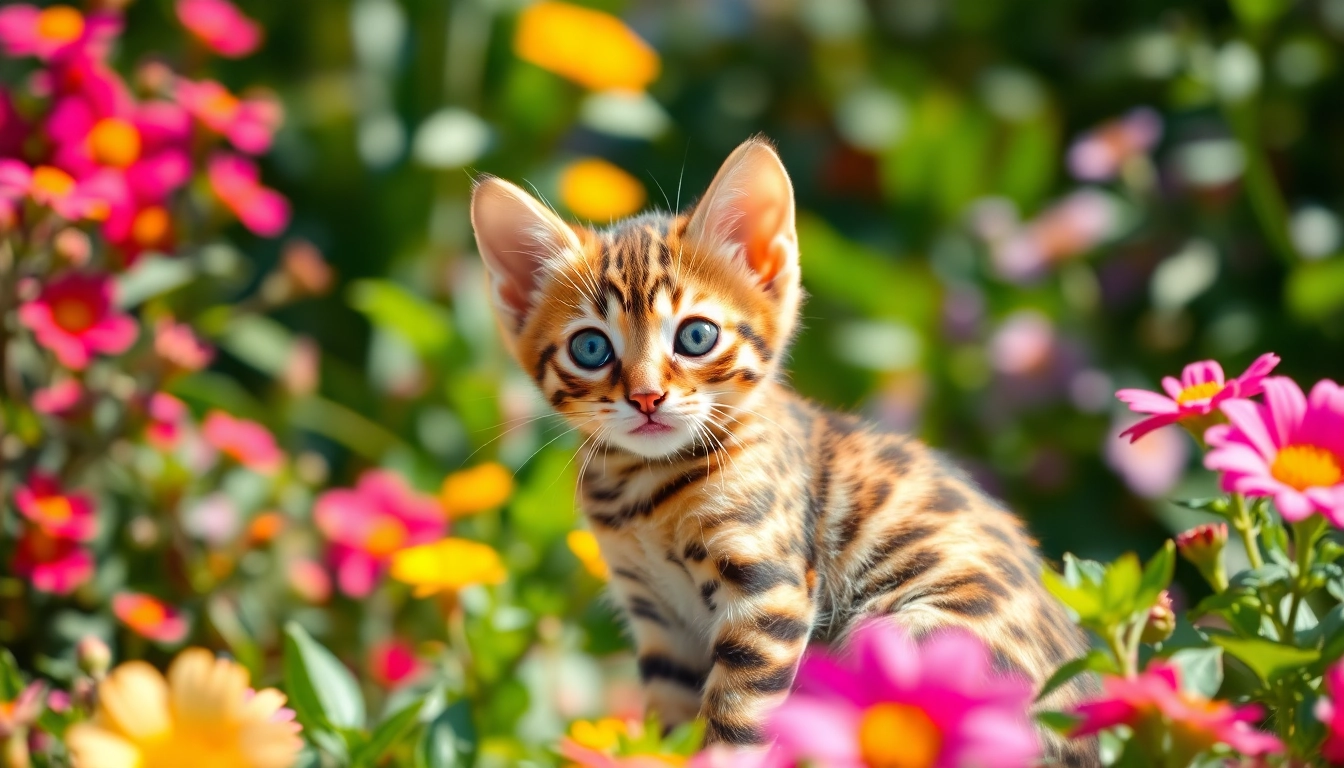 Playful Bengal Kittens for Sale in a sunlit garden surrounded by vibrant flowers.