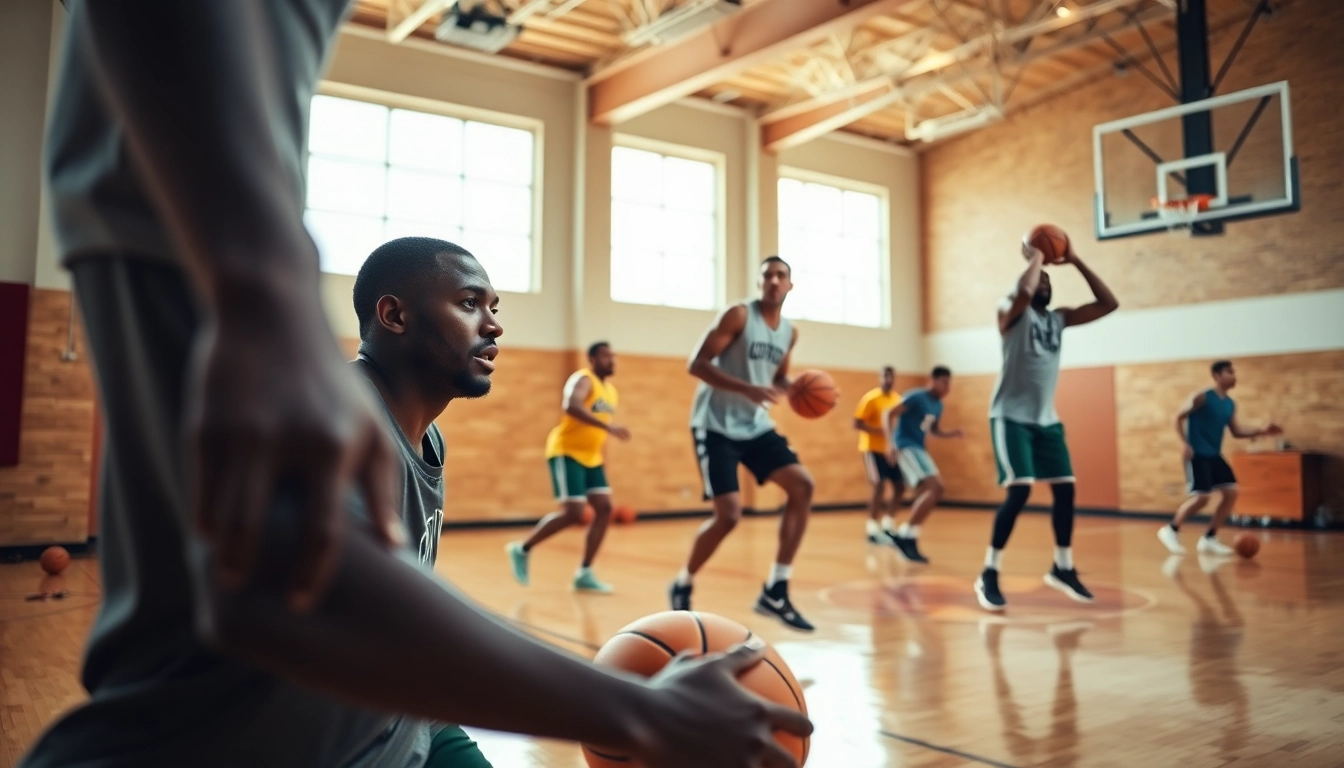 Showcasing top basketball training programs with players engaged in drills in an indoor gym setting.