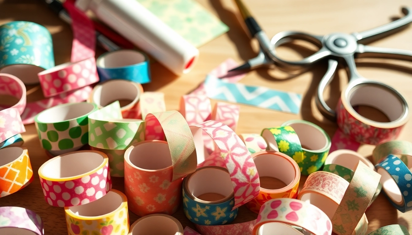 Adorn washi tape rolls in a creative crafting scene with vibrant designs.
