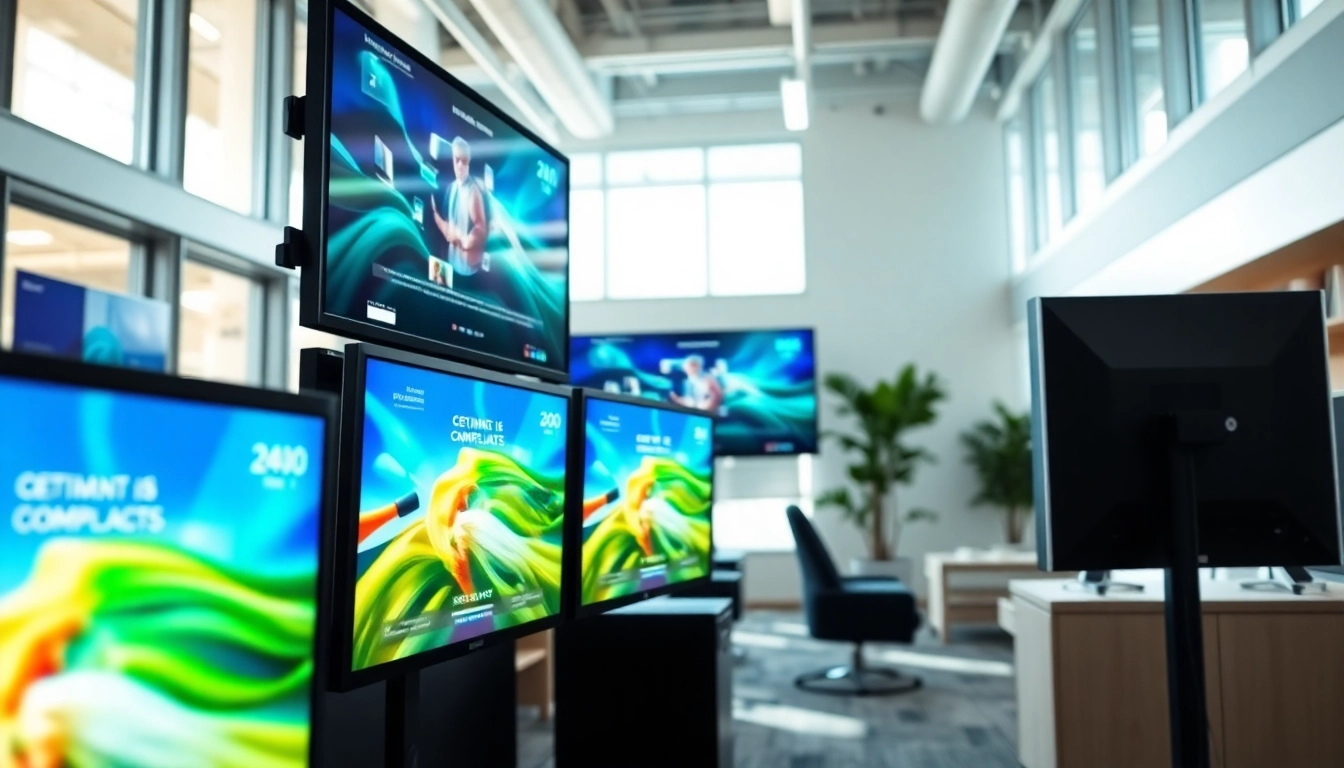 Engaging digital signage displayed on multiple monitors in a modern office setting, showcasing vibrant content.