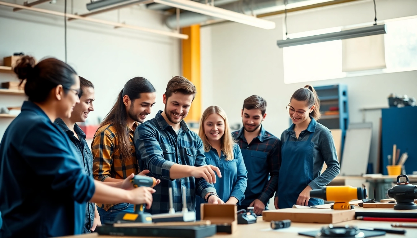 Students collaborating in a trade school Tennessee classroom with tools and training equipment.