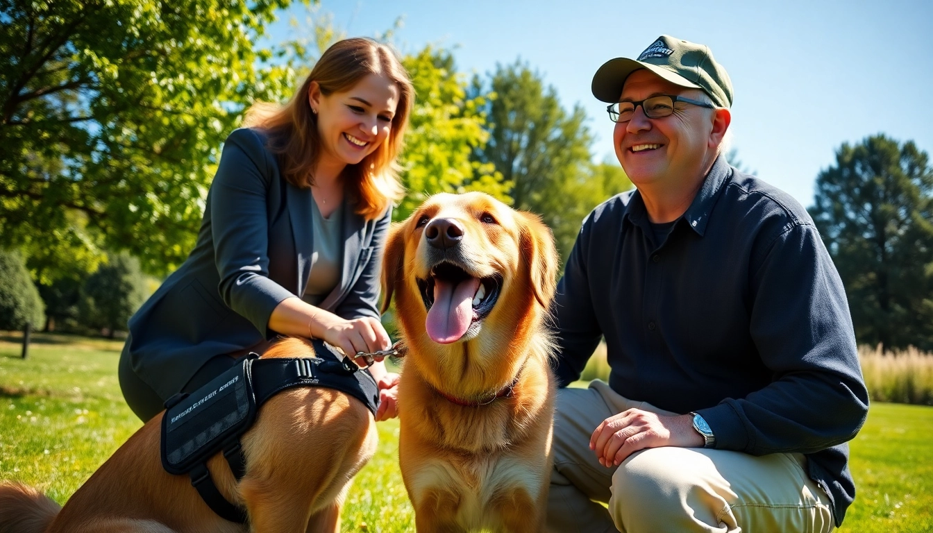 Engaging PTSD service dogs for sale demonstrating companionship and support in a tranquil park.