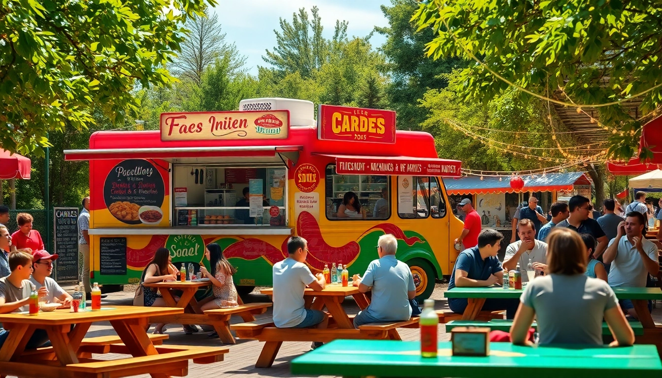 Customers enjoying delicious food from a vibrant food truck at a lively outdoor market.
