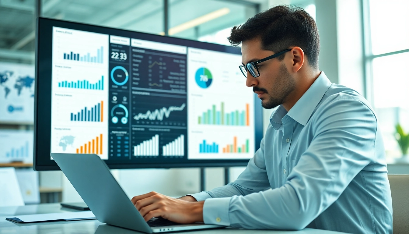 Analyzing competitive intelligence data in a modern office setting with charts and graphs.