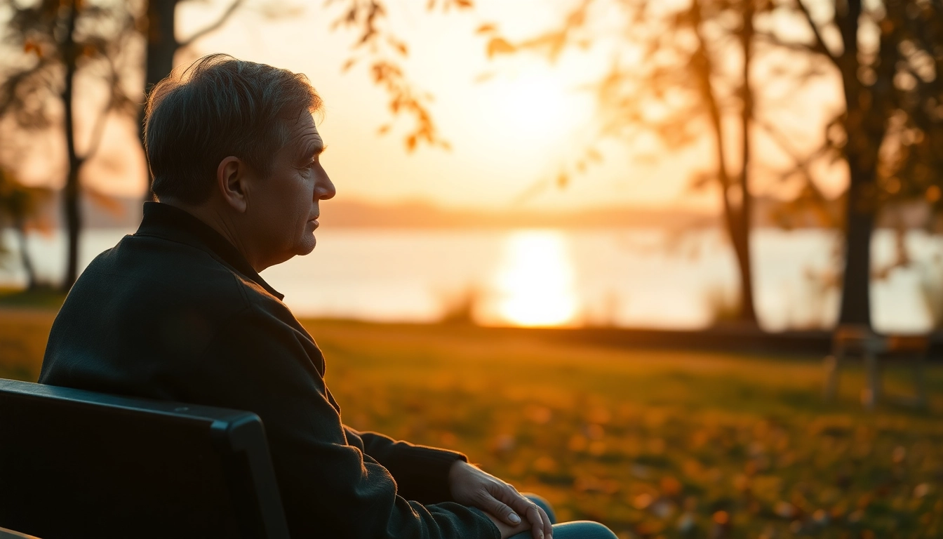 Reflective individual dealing with grief by a tranquil lakeside at sunset.