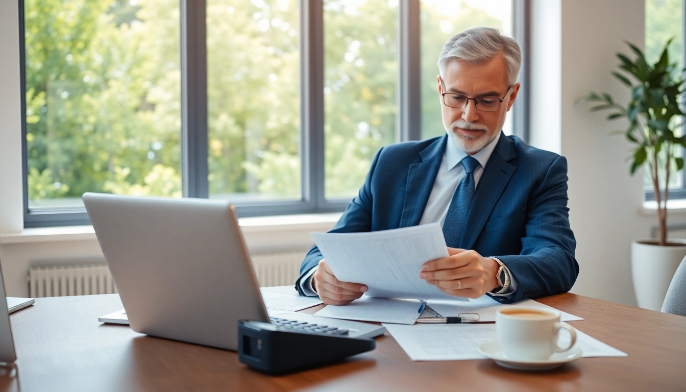 Back tax professional assisting a client with tax documents in a modern office, showcasing professionalism.