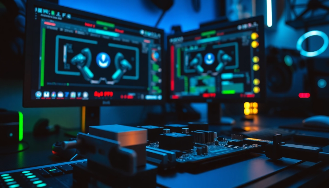 Illustration of dma cheats setup with DMA card and equipment lighting up a gaming workspace.