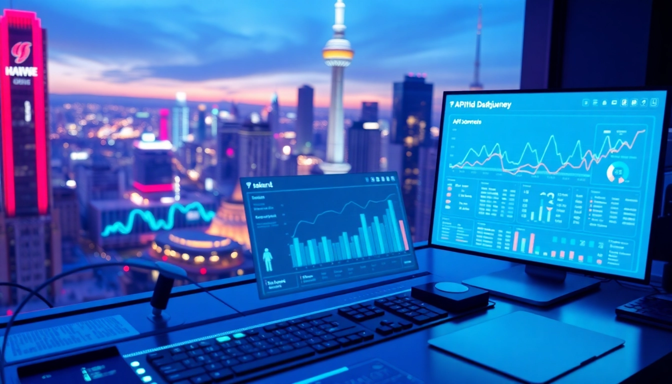 Showcase the api for midjourney in a dynamic AI dashboard amidst a vibrant cityscape.
