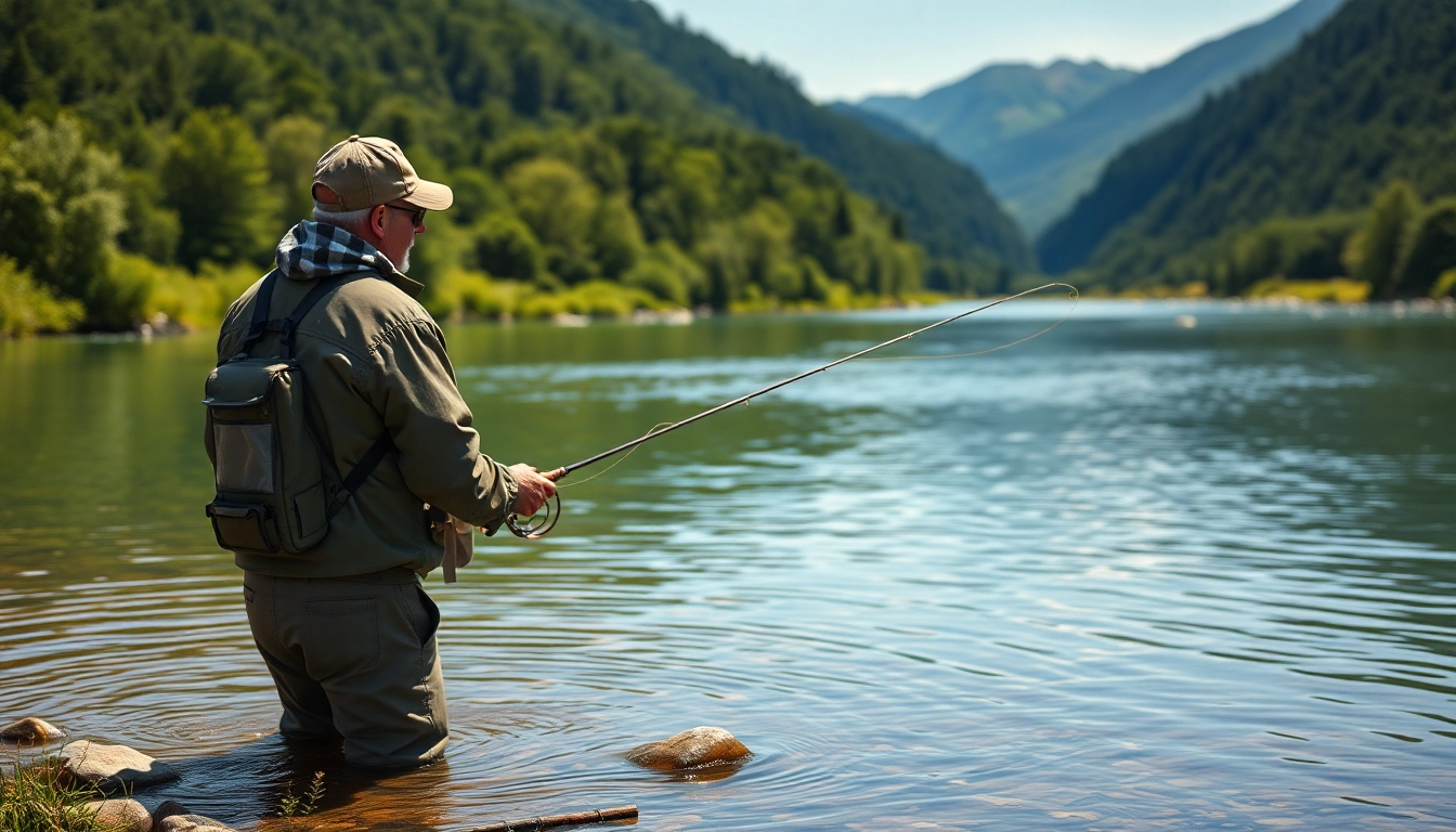 A fisherman skillfully using a fly fishing kit at a tranquil river with lush scenery.
