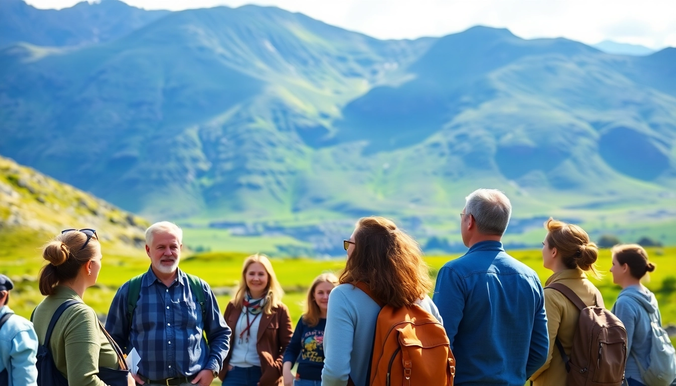 Group of tourists immersed in Scottish tours in the picturesque Highlands.