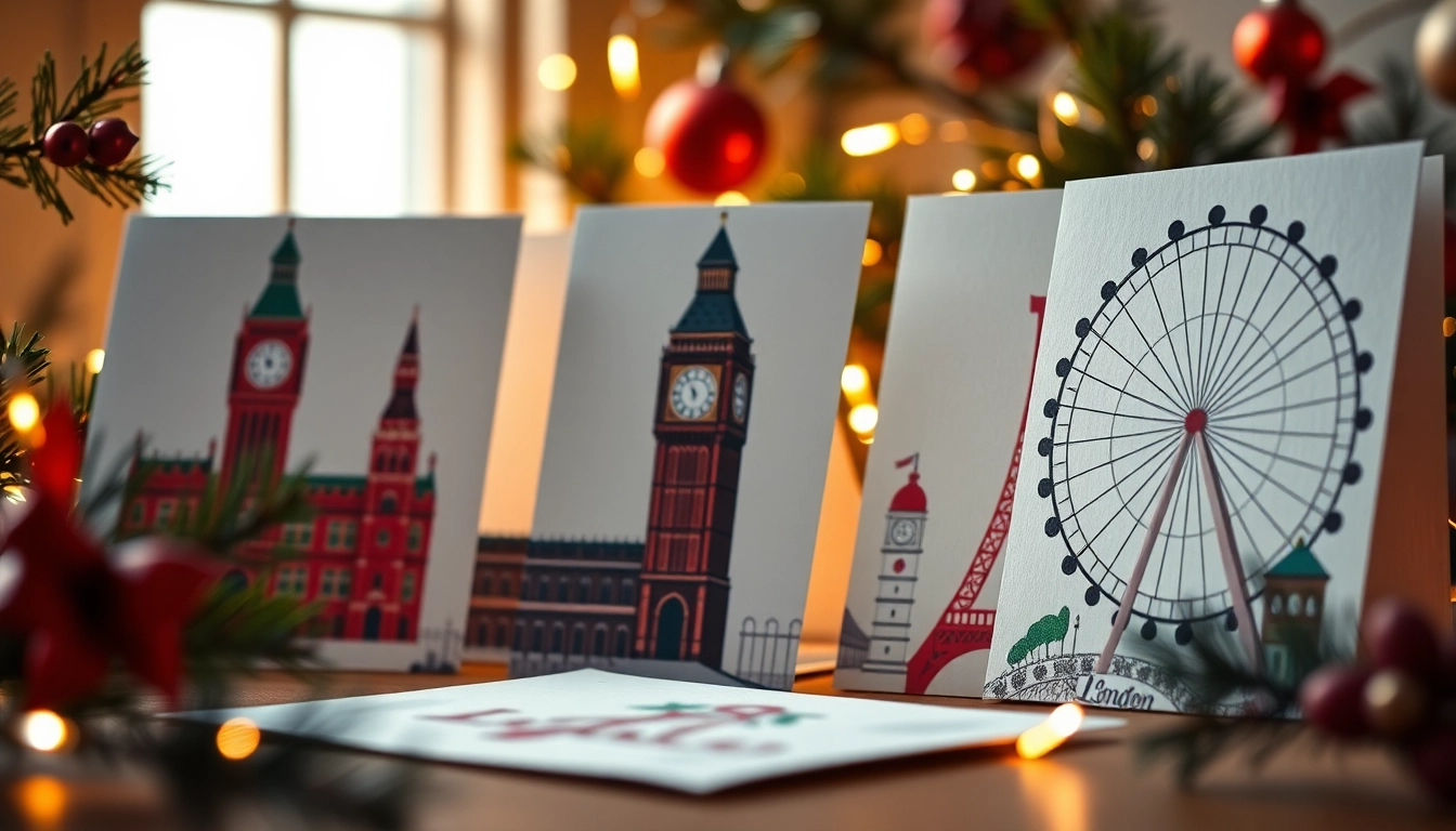 Showcasing London Christmas cards with iconic landmarks in a festive setting surrounded by lights.