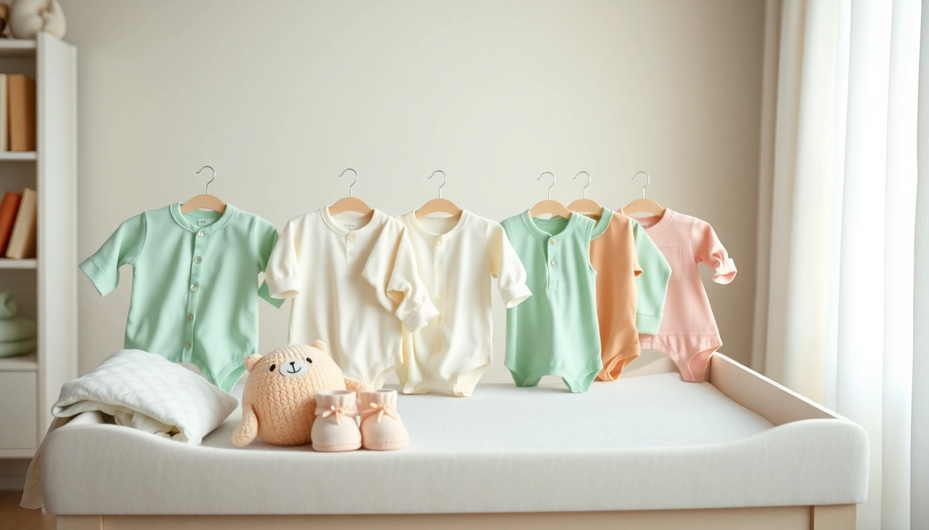 Shop stylish newborn baby clothes in a cozy nursery setting with plush toys and soft palettes.