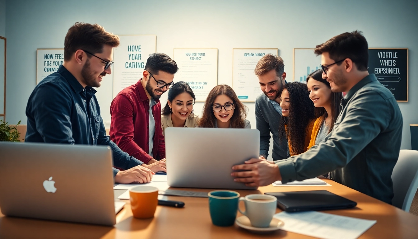 Collaboration in web development with a team of diverse developers and digital designs.