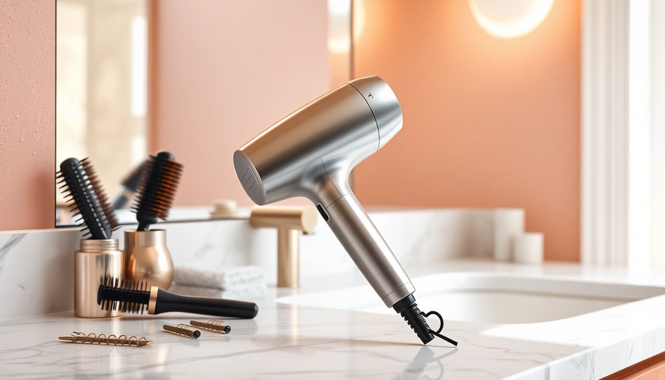 Effortlessly styling hair with a professional Hair Dryer on a modern bathroom countertop.