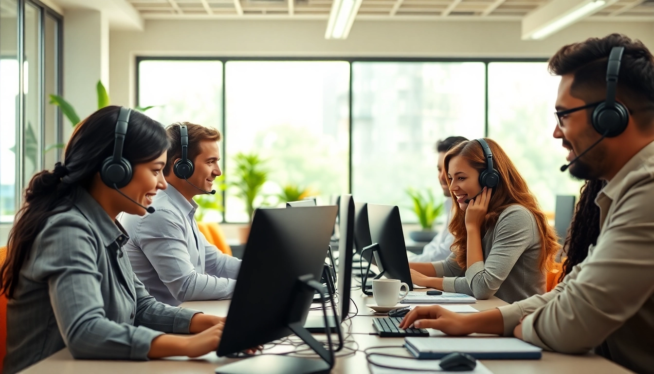 Callzent agents collaborating in a bright, modern call center environment.