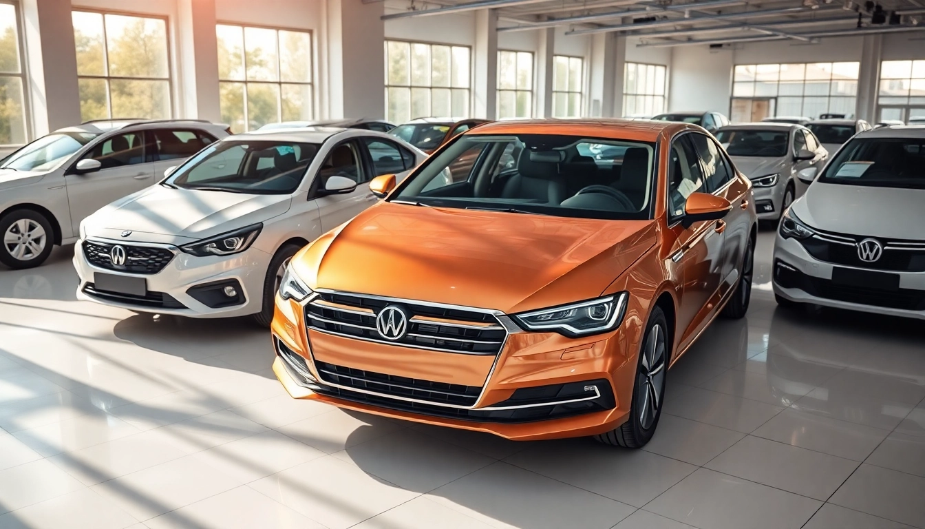 Vizualizare auto second hand cu garantie printre alte vehicule atrăgătoare într-un showroom luminos.
