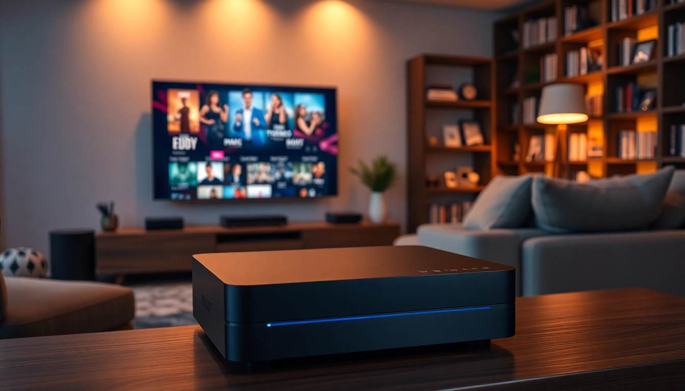 Showcasing the Superbox streaming device in a stylish home entertainment setup.