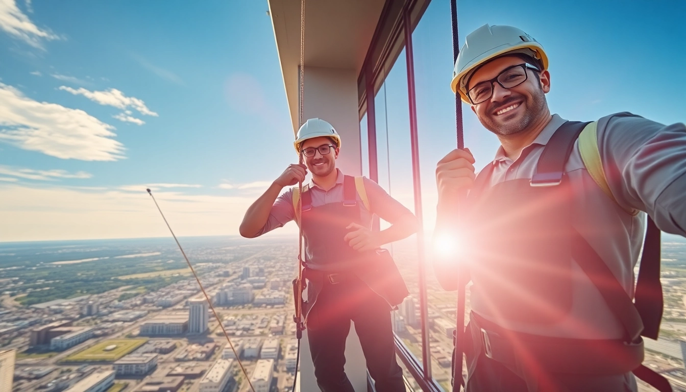 Window cleaners sioux falls providing professional cleaning services on a high-rise building.
