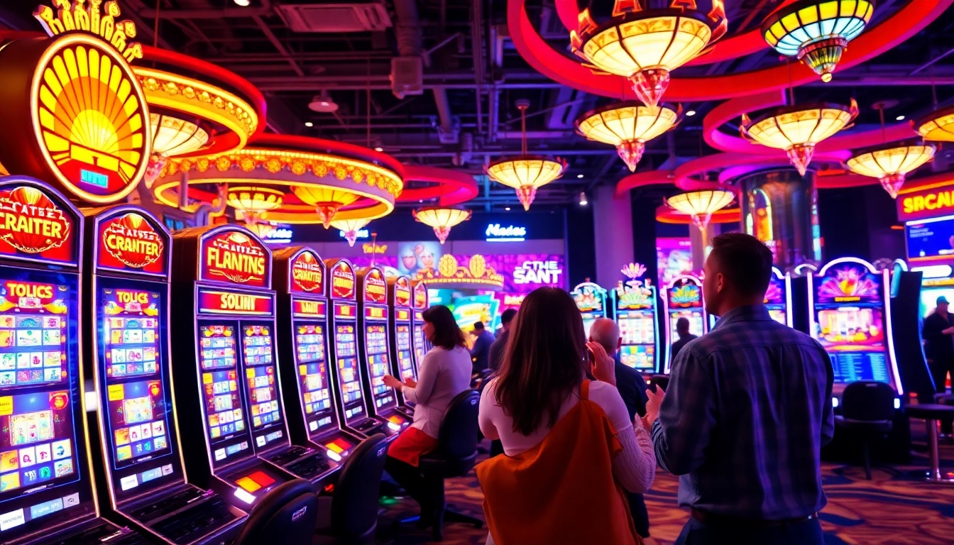Menampilkan permainan slot game slot yang menarik dan ramai di kasino dengan mesin berwarna cerah.