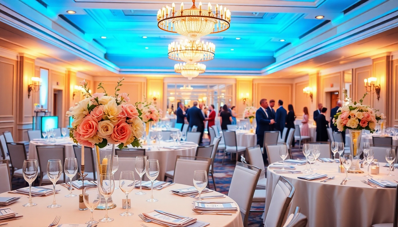 Experience the elegance of le prestige hall with beautifully set tables and warm ambiance.