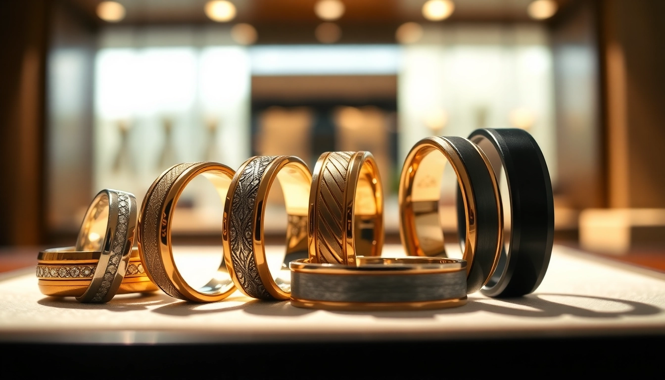 Showcase of wedding bands for men featuring unique designs and luxurious materials.