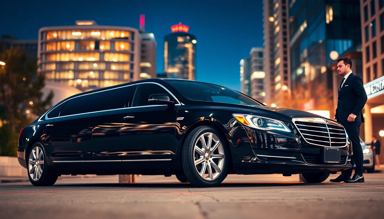 Experience luxury car service Vancouver with a sleek black limousine amidst a vibrant city backdrop.